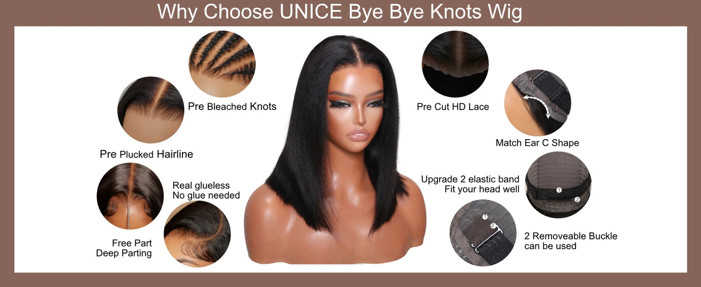 Yaki Straight Bob Wig Pre Cut Pre Bleached Glueless Wigs