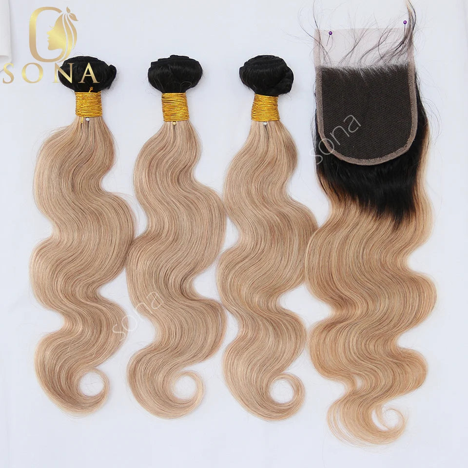 Honey Blonde Ombre Human Hair Bundles with Closure HD Lace