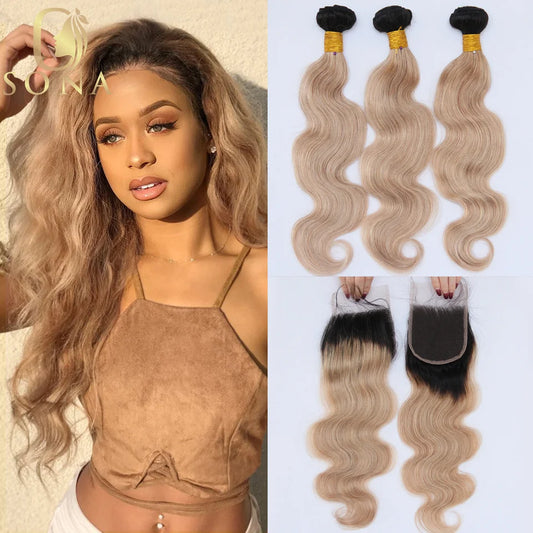 Honey Blonde Ombre Human Hair Bundles with Closure HD Lace