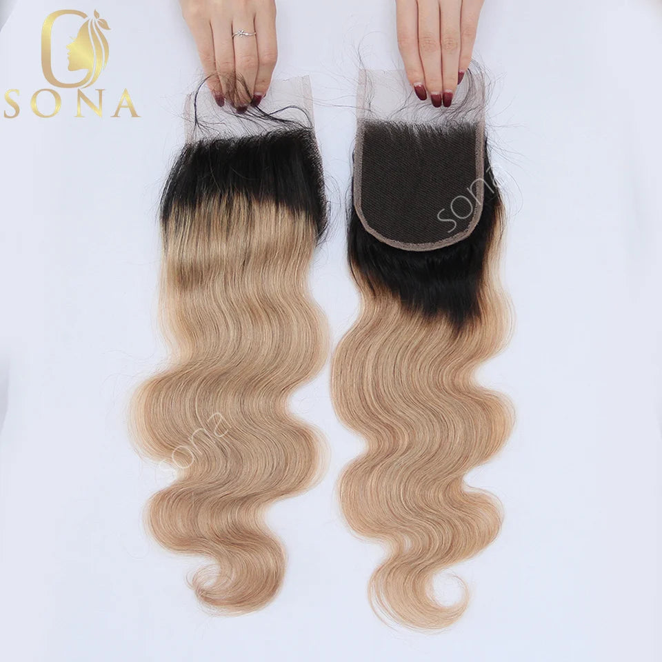 Honey Blonde Ombre Human Hair Bundles with Closure HD Lace