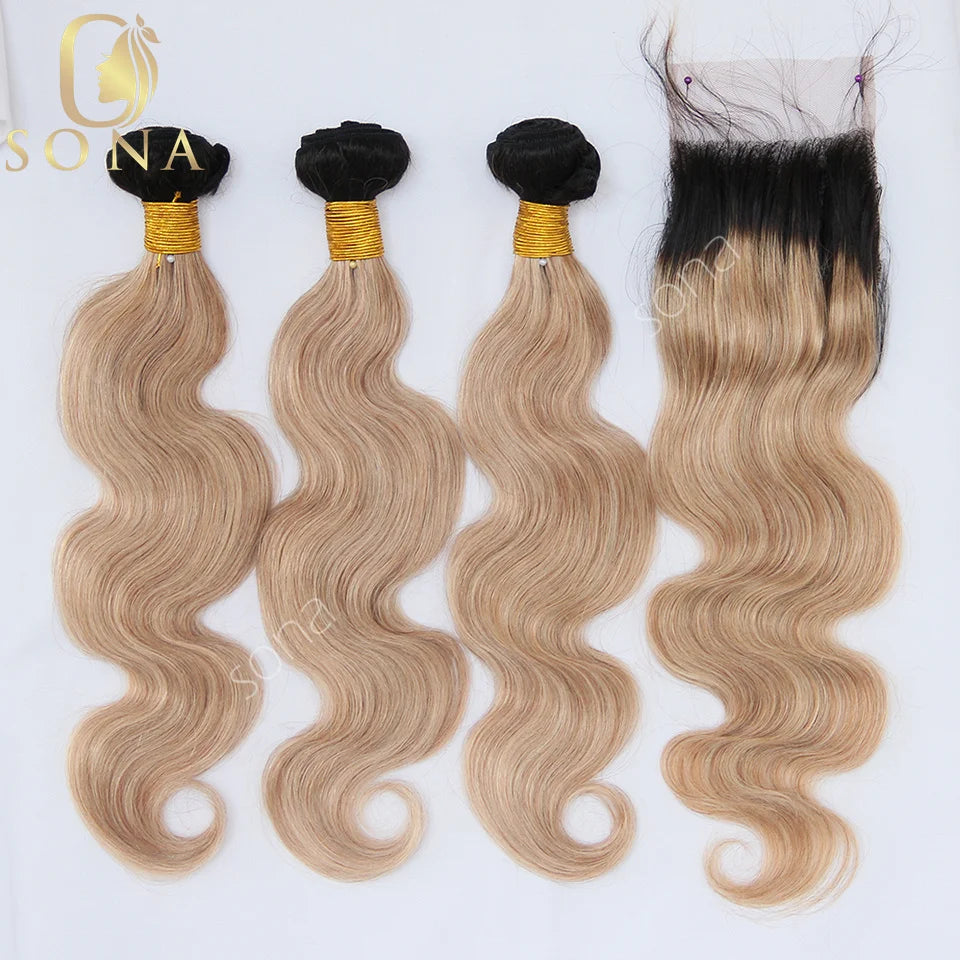 Honey Blonde Ombre Human Hair Bundles with Closure HD Lace